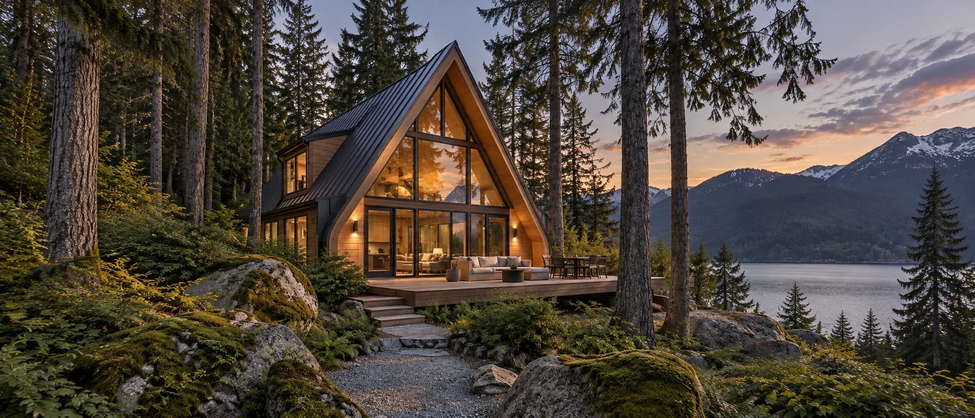 Cedar House at dusk.
